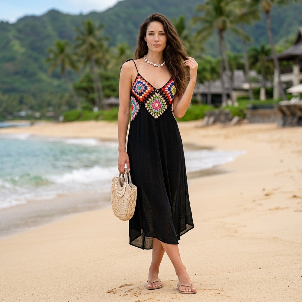 Cupshe Black Crochet Accent Spaghetti Strap Swim Coverup